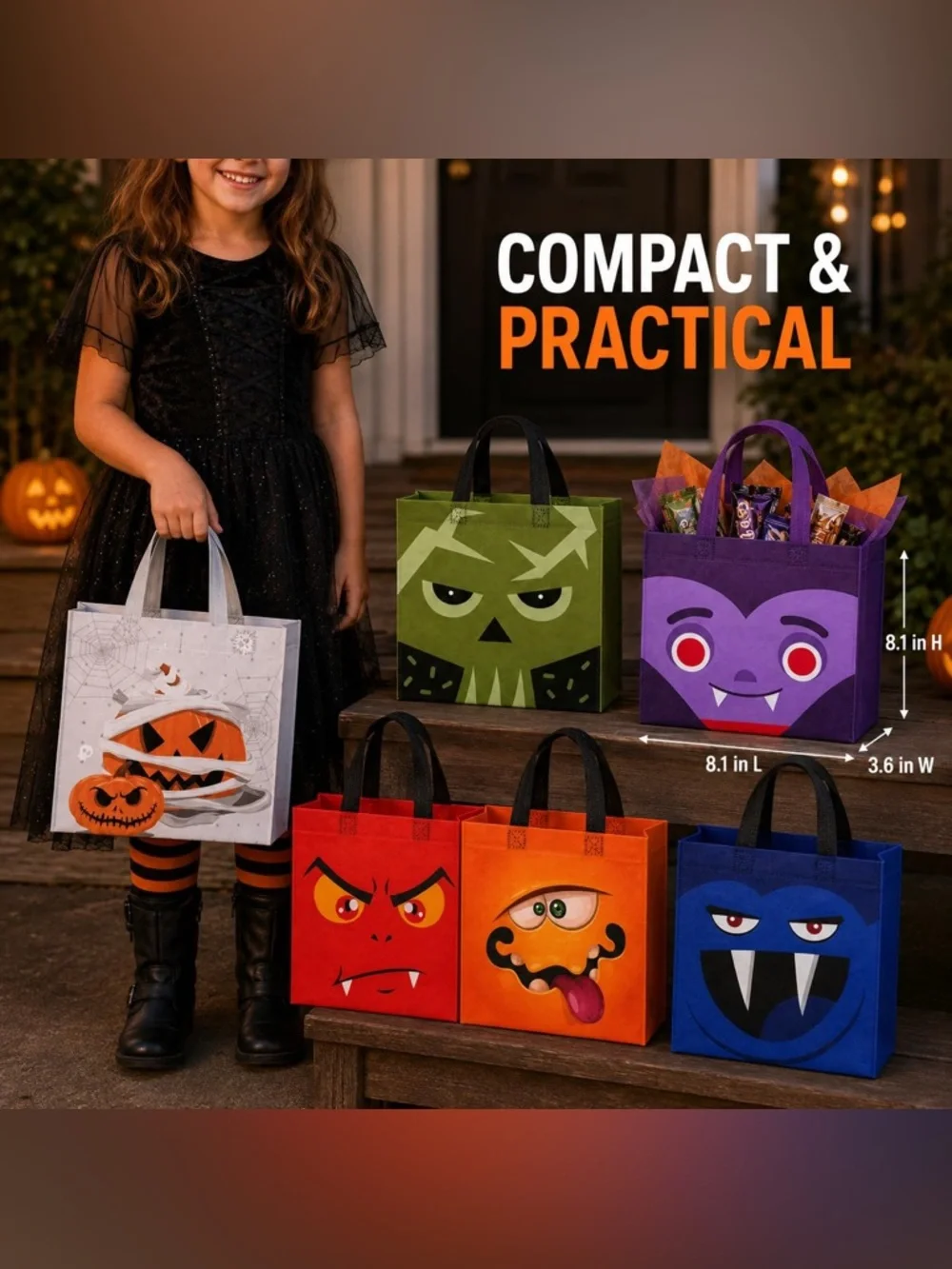Halloween Kids Trick-or-Treat Tote Bag Set - Assorted Monster Faces- 6 pack